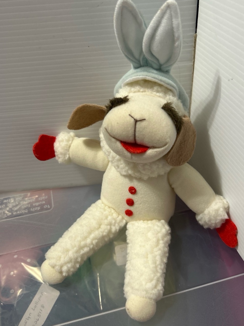 Plush White Lamb Stuffed Animal with Red Accents